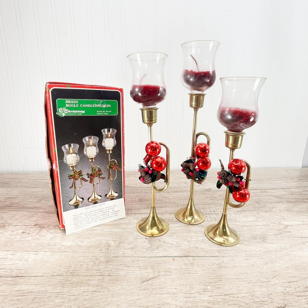 Vintage Brass Horn‎ Candlestick Set: MCM Holiday Votive Holders